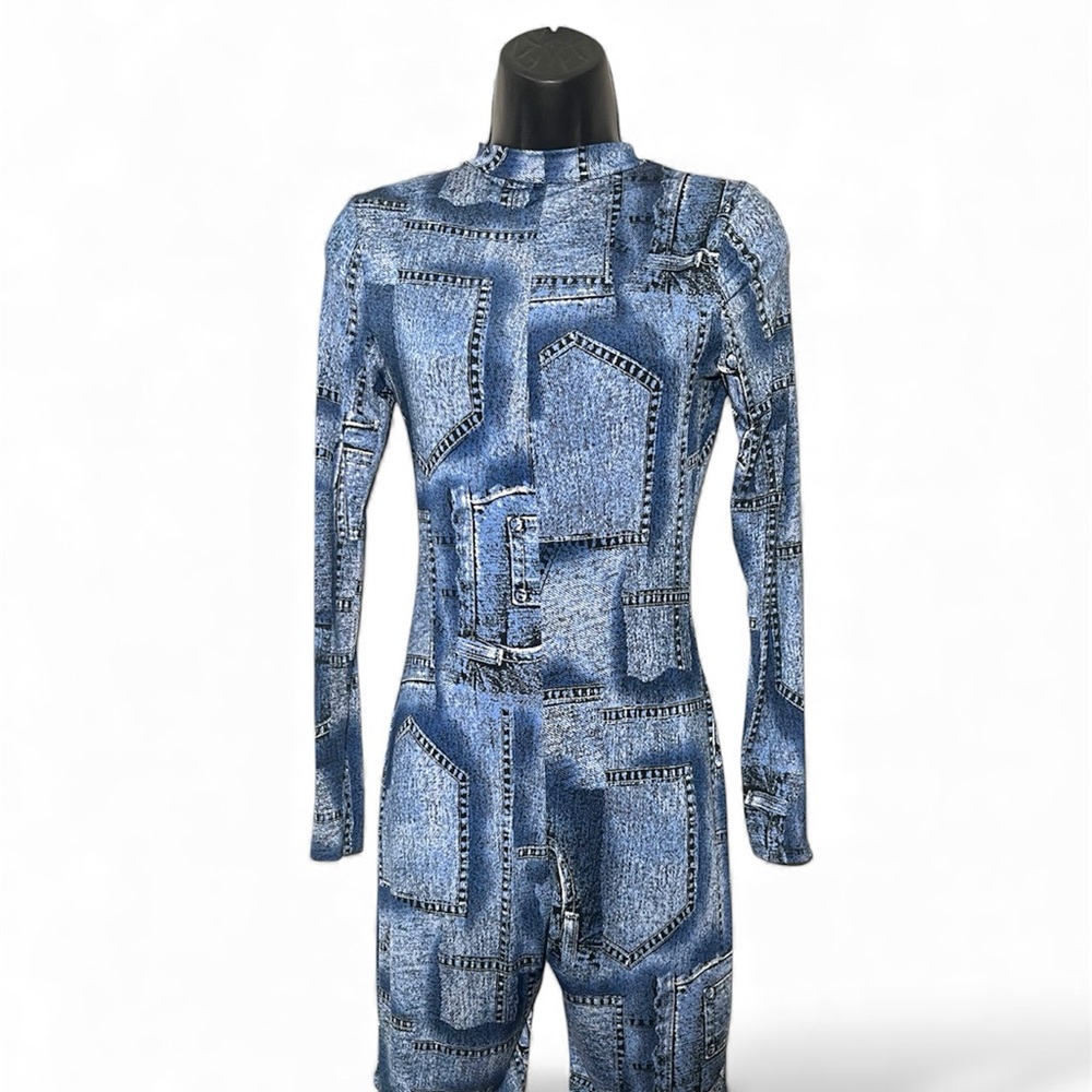 Blue Denim Print Long Sleeve Shorts Jumpsuit
